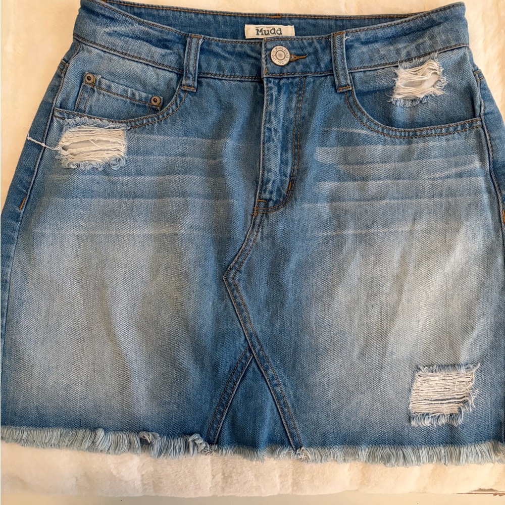 Mudd Distressed Blue Denim Mini Skirt